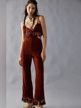 SAYLOR Free People Sterling Festival Jumpsuit Fringe Cut Out Brown Size M